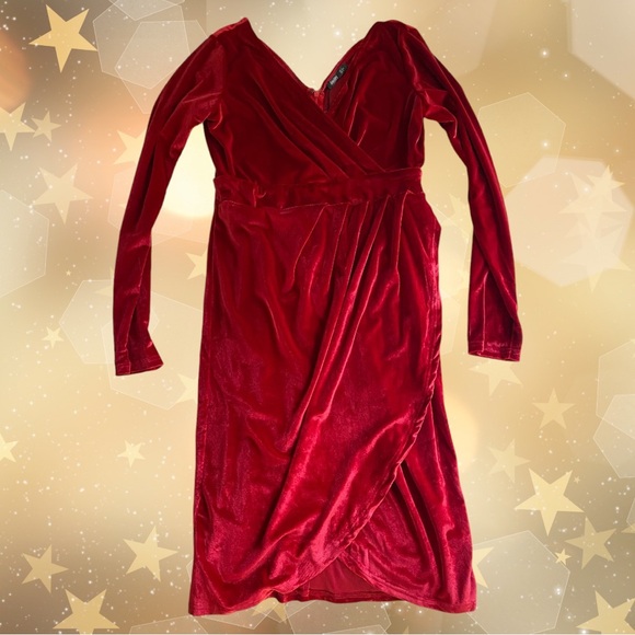 NEW Jay Jay Brand Deep Cranberry long sleeve v neck pleated velour bodycon dress - Picture 3 of 16